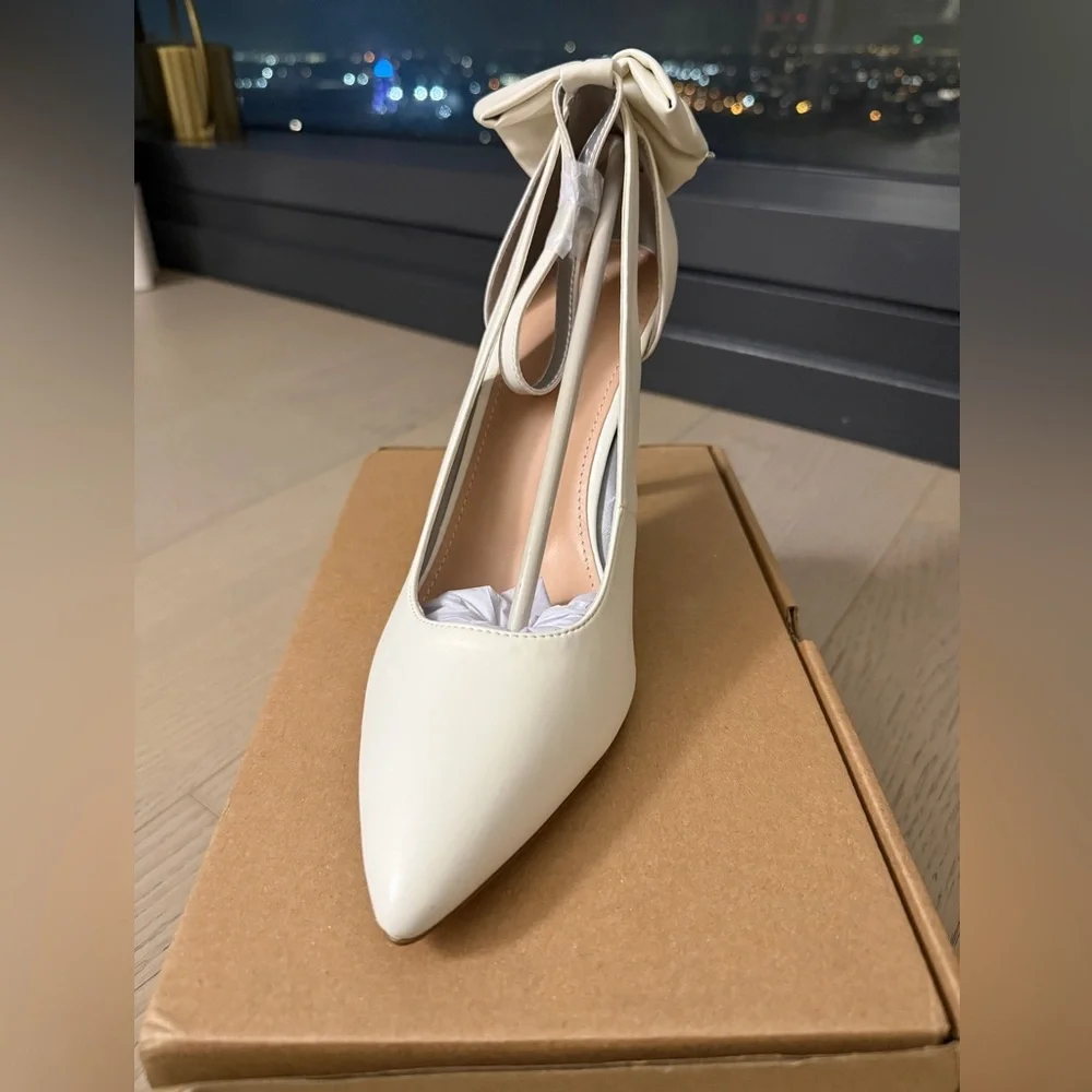 PiePieBuy women’s pointed toe high wedding bowtie on back dress shoes - Size 9